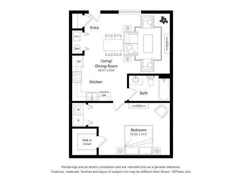 Floor plan for 1 bed, 1 bath, 708 sqft